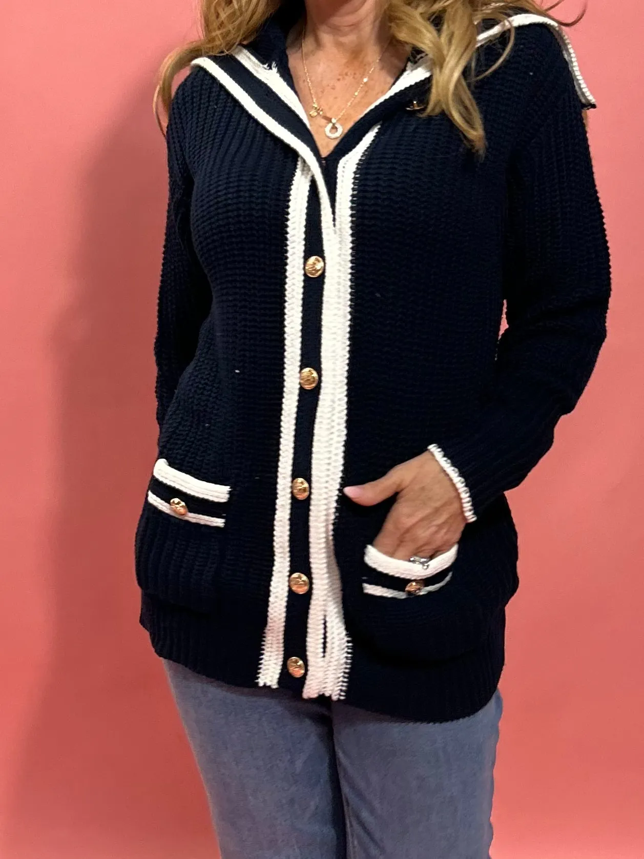 Seaside Chic Knit Car Striped Trim Cardigan