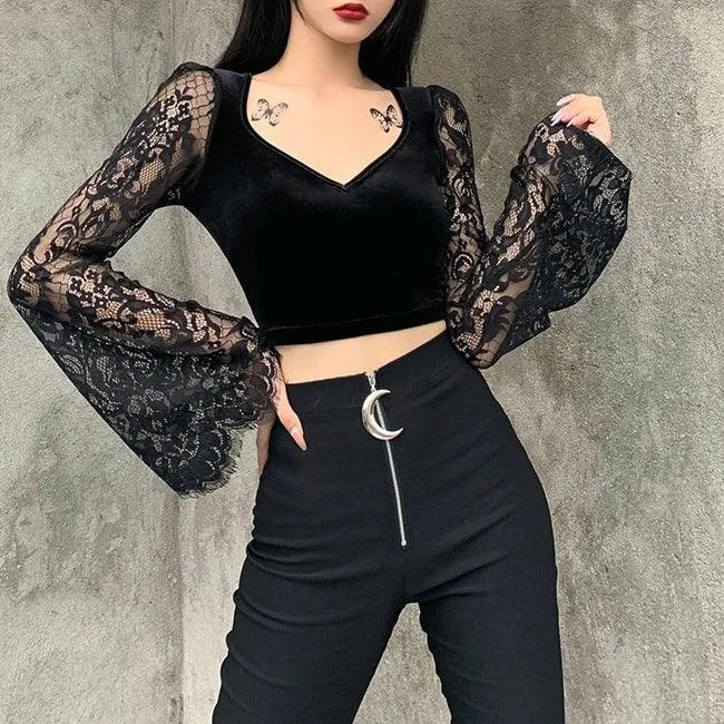 Witchy Gothic See Through Crop Top,  Elegant Flared Long Sleeve For Women