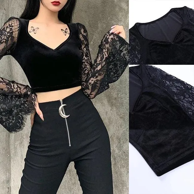 Witchy Gothic See Through Crop Top,  Elegant Flared Long Sleeve For Women