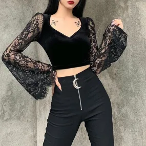 Witchy Gothic See Through Crop Top,  Elegant Flared Long Sleeve For Women