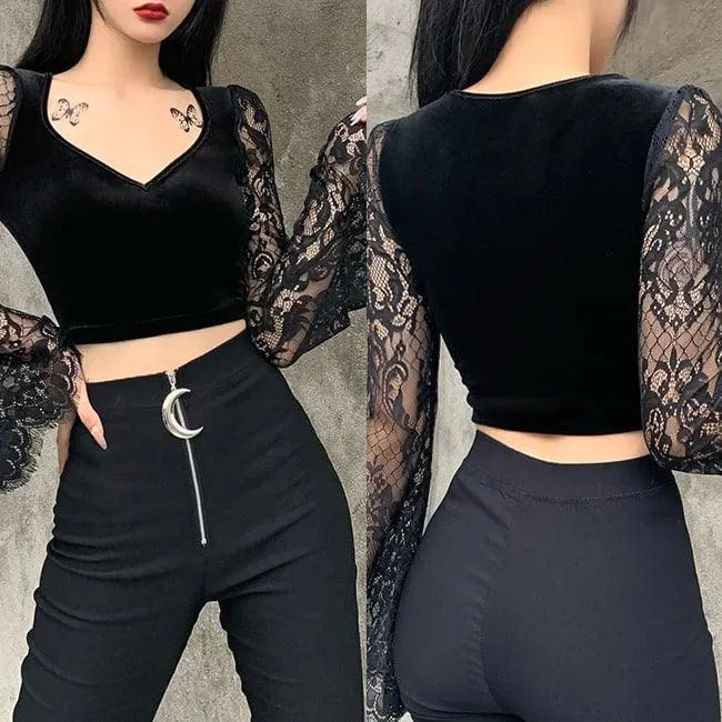 Witchy Gothic See Through Crop Top,  Elegant Flared Long Sleeve For Women