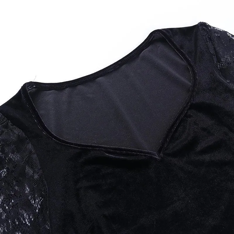 Witchy Gothic See Through Crop Top,  Elegant Flared Long Sleeve For Women